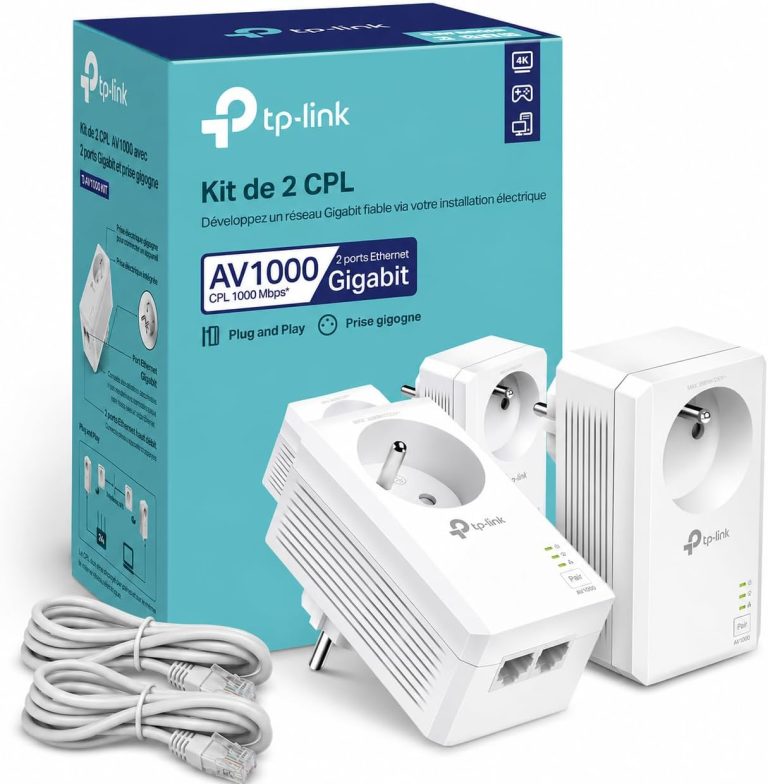 TP-Link Prise CPL 1000 Mbps, Prise Intégrée, 2 Ports Gigabit, TL-PA7027P KIT, compatible toutes box Fibre